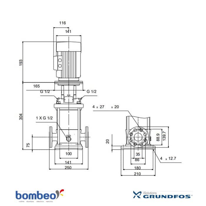 Bomba Grundfos | Multietapas | Acero Inoxidable | 208-230/460 Vac | 1/2 Hp | Trifásica | 20,5 MCA / 15,4 GPM | 96083202 - CR 3-3 | - Vista 3