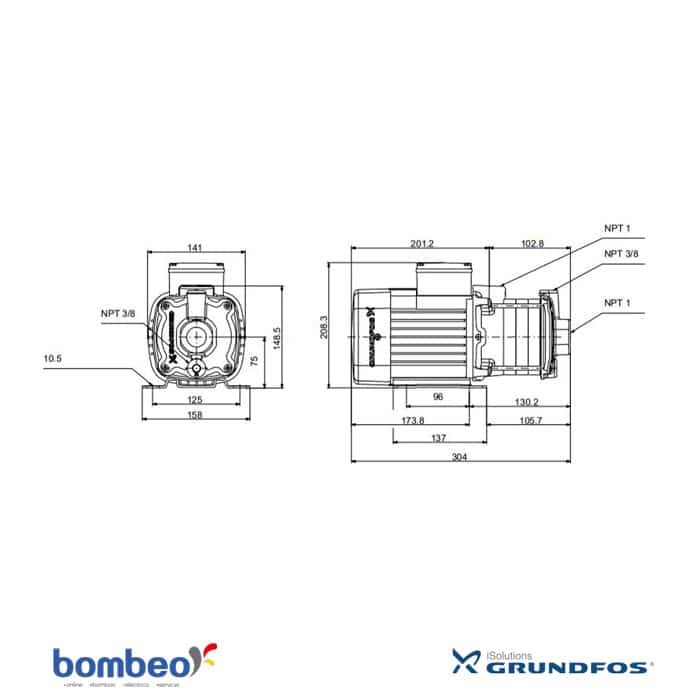 Bomba Grundfos | Multietapas | Acero Inoxidable | 110/220 Vac | 0.8 Hp | SxD 1"-1" | Monofásica | 26 MCA / 16 GPM | 97568314 - CM 3-3/A | - Vista 3
