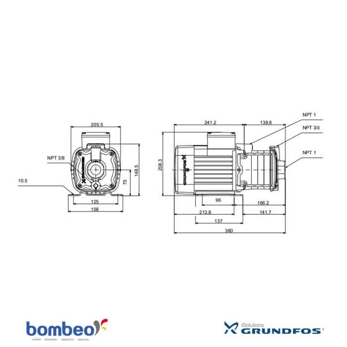 Bomba Grundfos | Multietapas | Acero Inoxidable | 110/220 Vac | 1.5 Hp | SxD 1¼"-1" | Monofásica | 45 MCA / 17 GPM | 97568315 - CM 3-5 /A | - Vista 3
