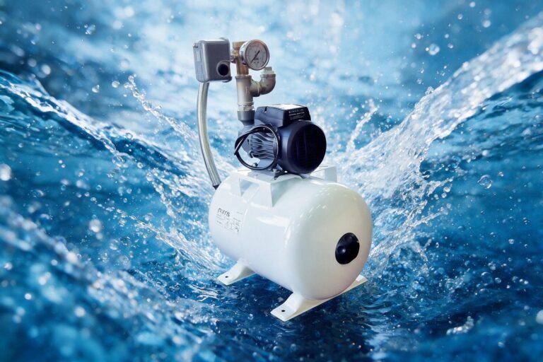 Submersible water pump with pressure gauge mounted on a white tank amid splashing ocean water near waves.