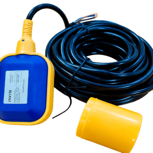 Blue and yellow handheld electrical tester with a long coiled blue cable and yellow plug end. Used to test outlets or circuits.