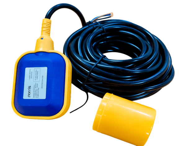 Blue and yellow handheld electrical tester with a long coiled blue cable and yellow plug end. Used to test outlets or circuits.