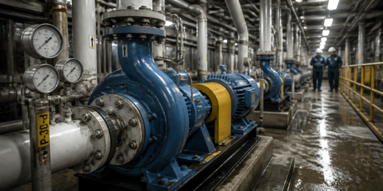 Close-up of a large blue centrifugal pump connected to pipes and gauges in an industrial plant, with two workers in safety gear in the background.