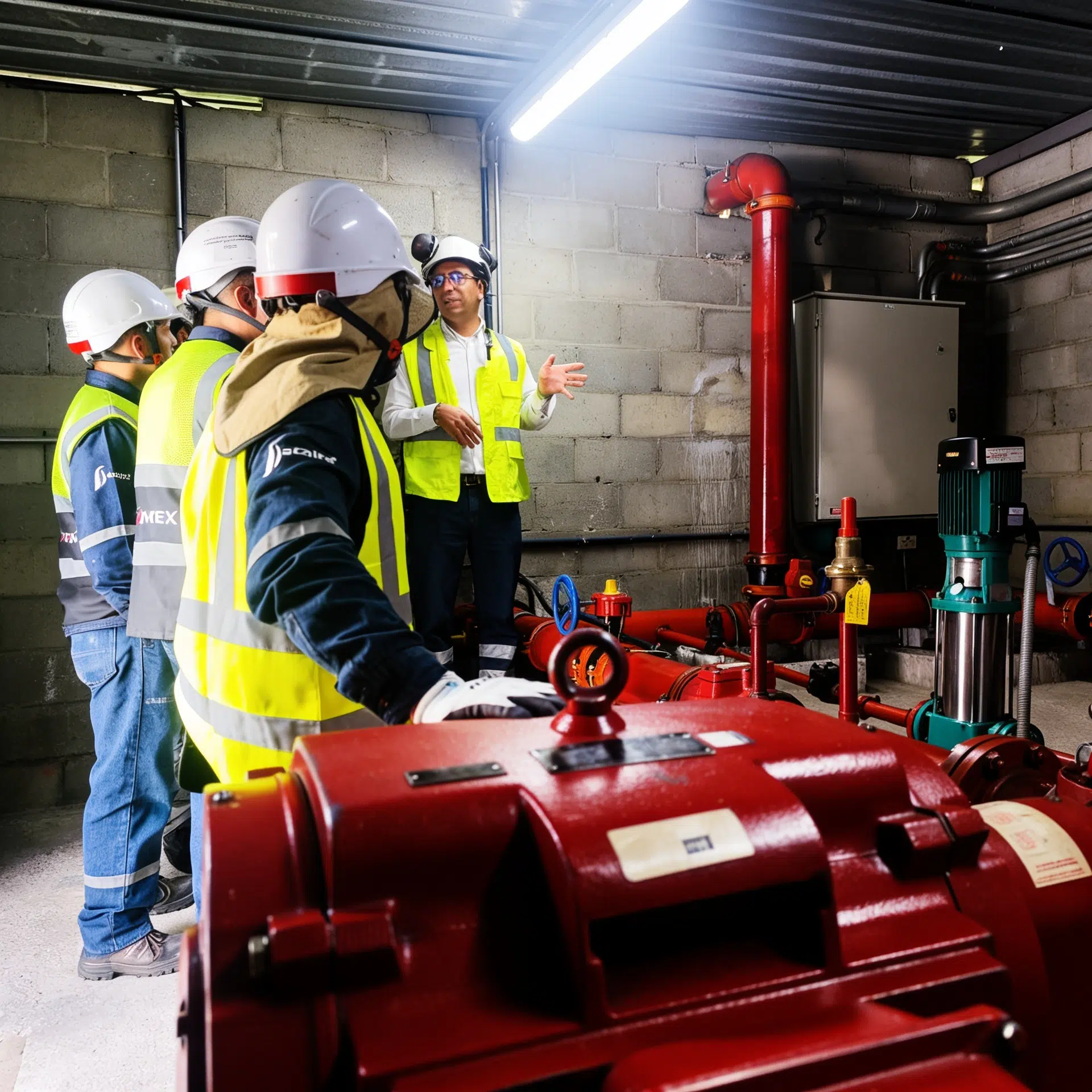 Group of construction workers in hard hats and high-visibility vests listening to a supervisor in an industrial basement with red piping and machinery nearby.