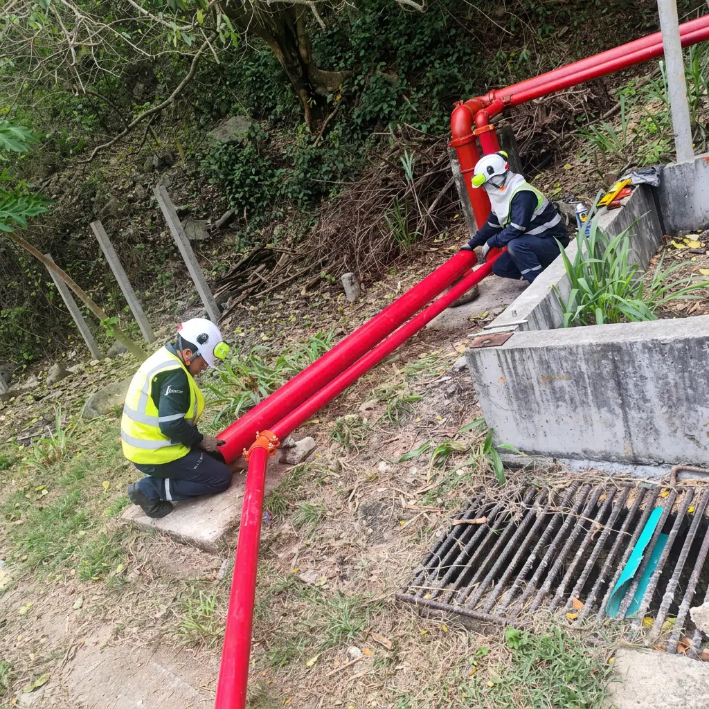 Two utility workers in hard hats and high-visibility vests work on bright red pipes by a hillside, near a metal drainage grate by a concrete channel.