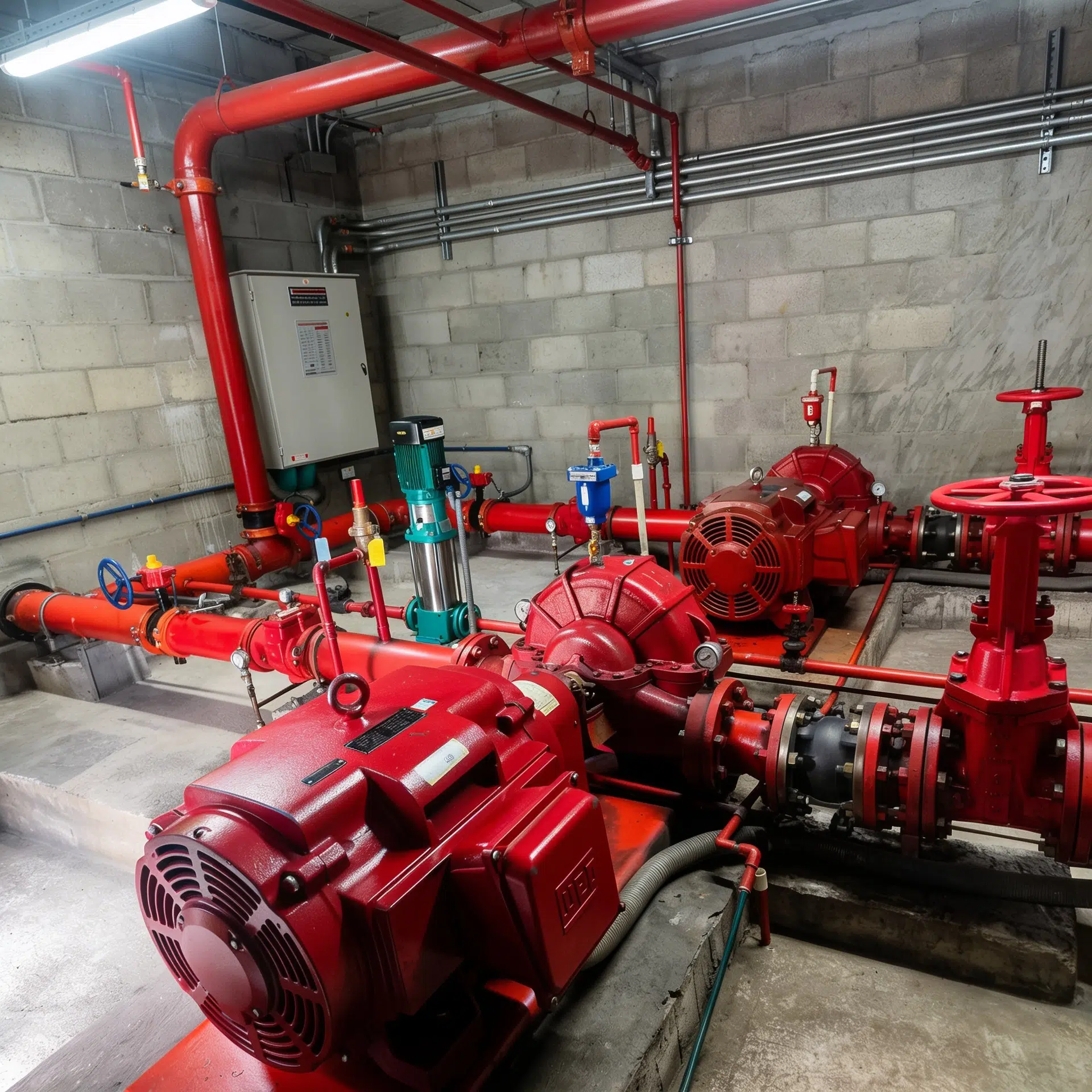 Industrial mechanical room with red fire-suppression piping, valves, and pumps along a concrete block wall area.