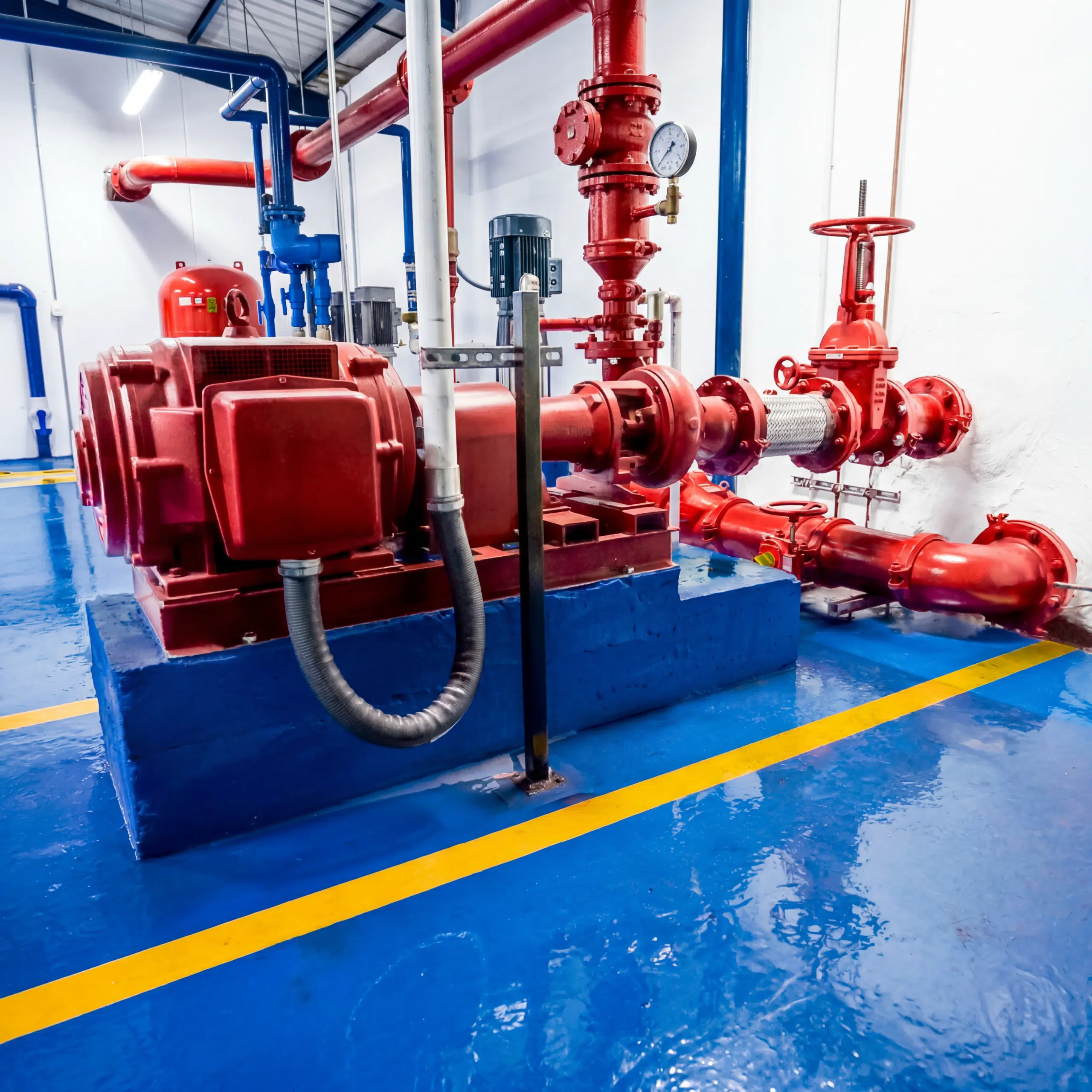 Industrial mechanical room with red and blue pipes, valves, and a blue floor with yellow safety lines.