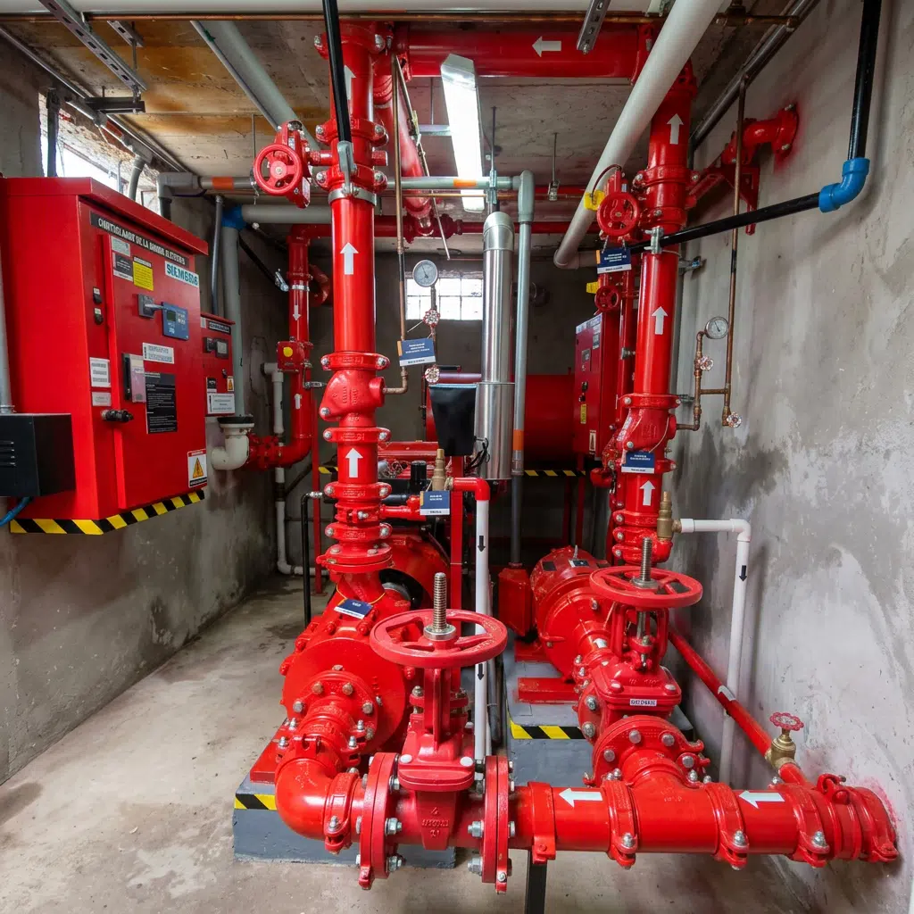 Industrial mechanical room with bright red fire-safety piping, valves, pumps, and gauges; a control panel is mounted on the wall to the left, indicating a building sprinkler system.