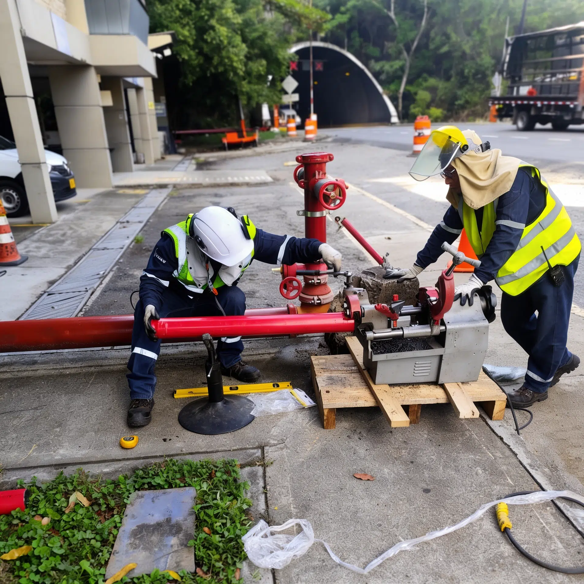 Two workers in high-visibility vests repair a red fire hydrant on a city street with traffic cones and construction gear nearby.