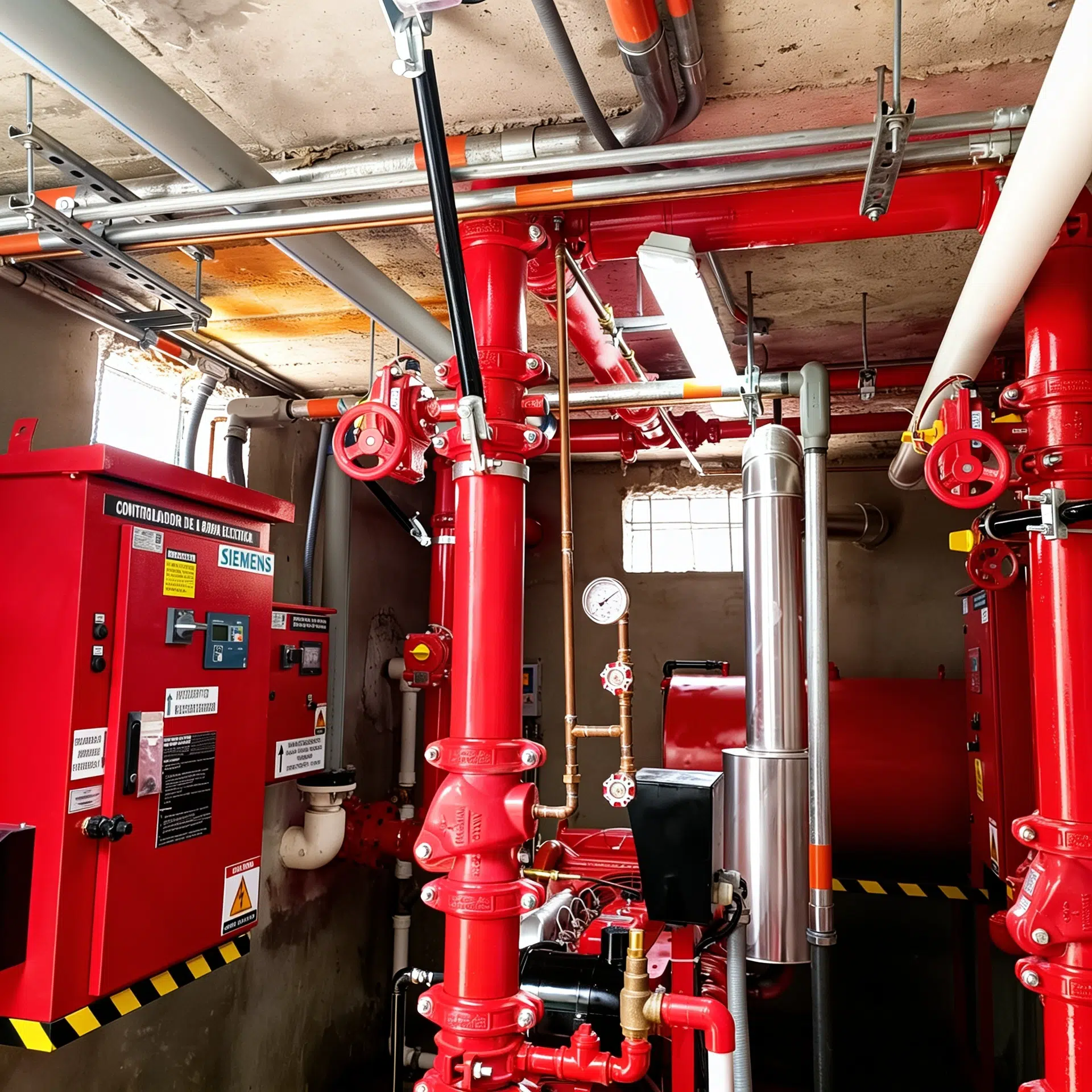Industrial fire sprinkler room with red steel pipes, valves, and gauges alongside a Siemens control panel