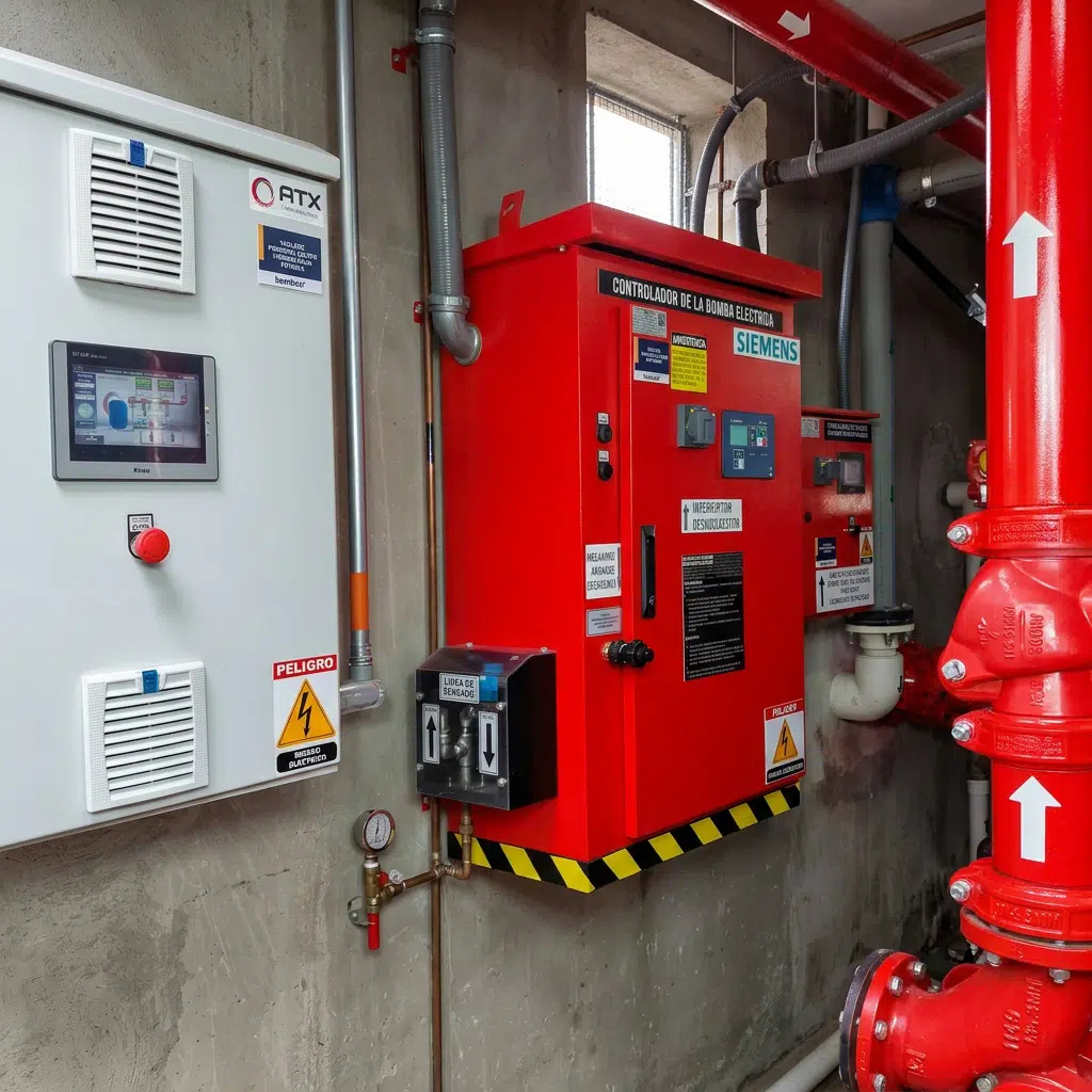 Red electrical control panel with warning labels mounted on a concrete wall, surrounded by red pipes and gauges outside the panel area.