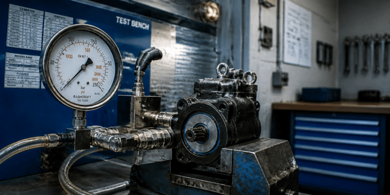Close-up of a hydraulic test rig with a large pressure gauge and metal piping in a workshop setting