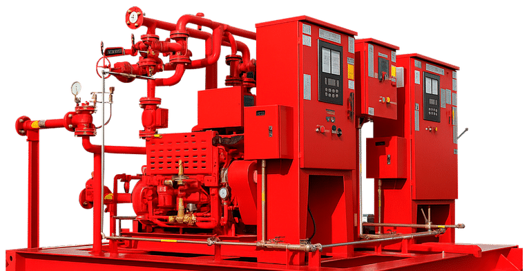 Red industrial fire pump skid with multiple control panels and piping, used for fire suppression systems on a raised platform