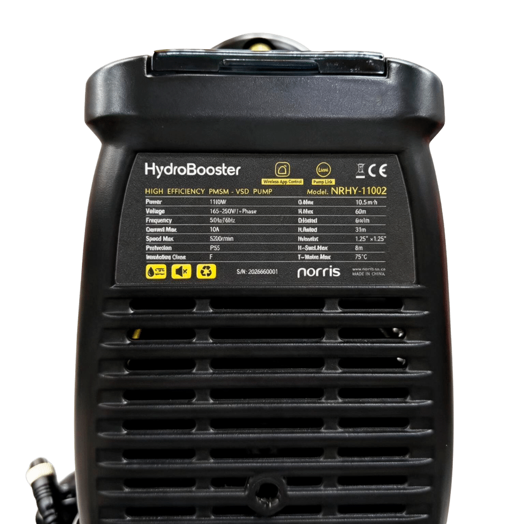 Hydrobooster - Bombeo colombia Equipo de presión constante HydroBooster NRHY-11002 de 1100 W con su placa de características