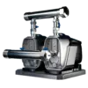 Two shiny industrial pumps connected by stainless-steel pipes with blue valve levers on a gray base (close-up).