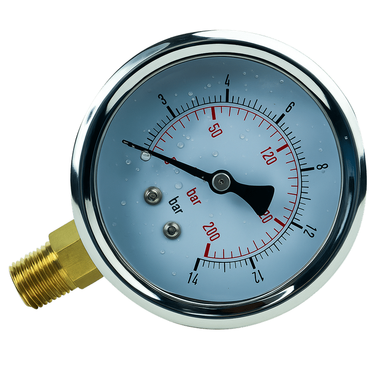 Analog pressure gauge with brass fitting, showing up to 200 bar; droplets on glass indicate moisture on the dial.