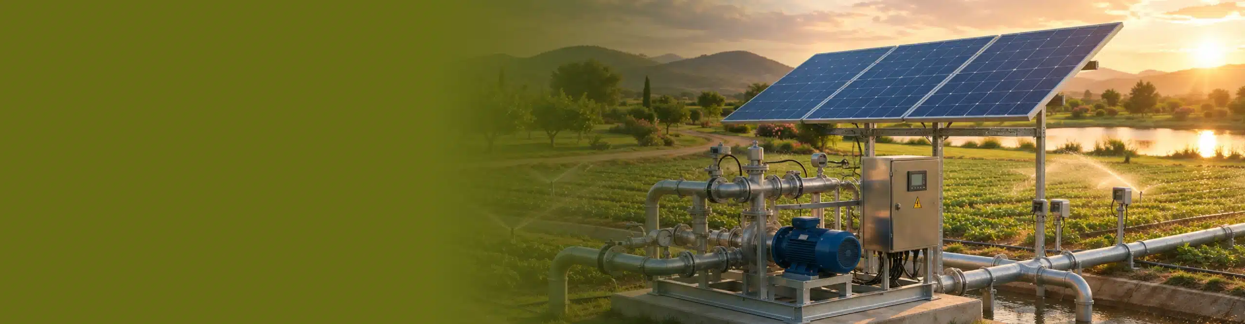 Estaci&oacute;n de bombeo solar en campo de riego al atardecer con su arreglo de paneles