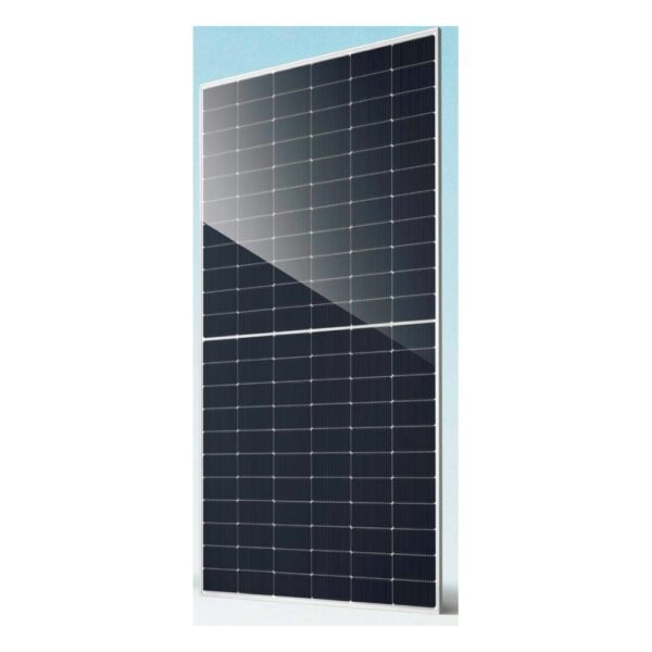 Rectangular solar panel with a grid of dark blue cells mounted in a white frame, set against a light blue sky.
