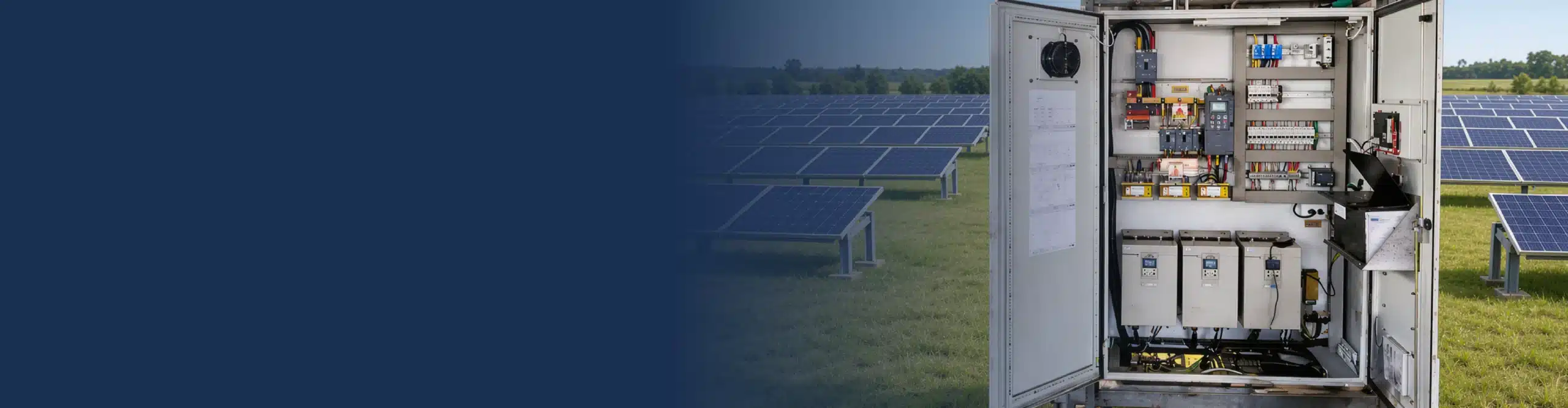 Tablero abierto con tres variadores solares frente a un campo de paneles