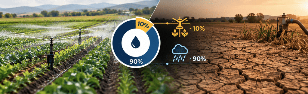 Campo con riego frente a suelo agrietado y un gráfico: el riego cubre el 10 % del agua de la agricultura colombiana y la lluvia el 90 %.
